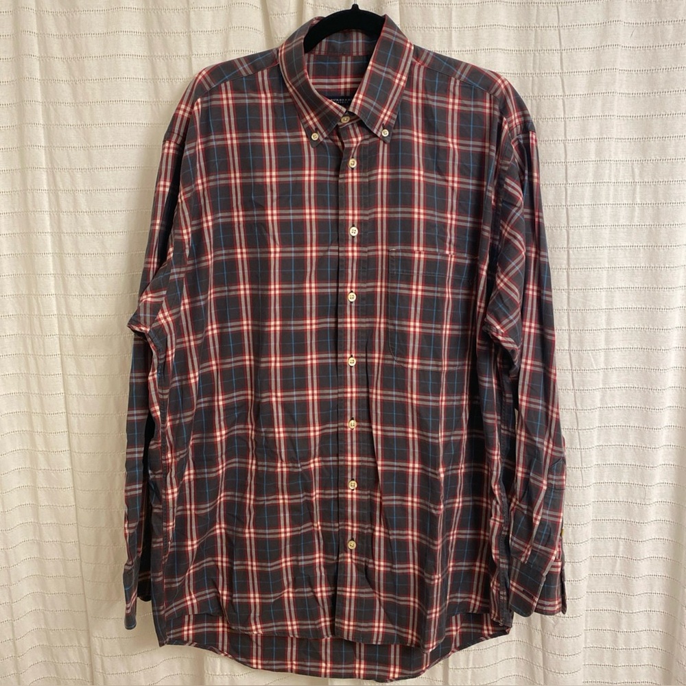 burberry men shirt Large Button Up Red Blue Gray Collared Office